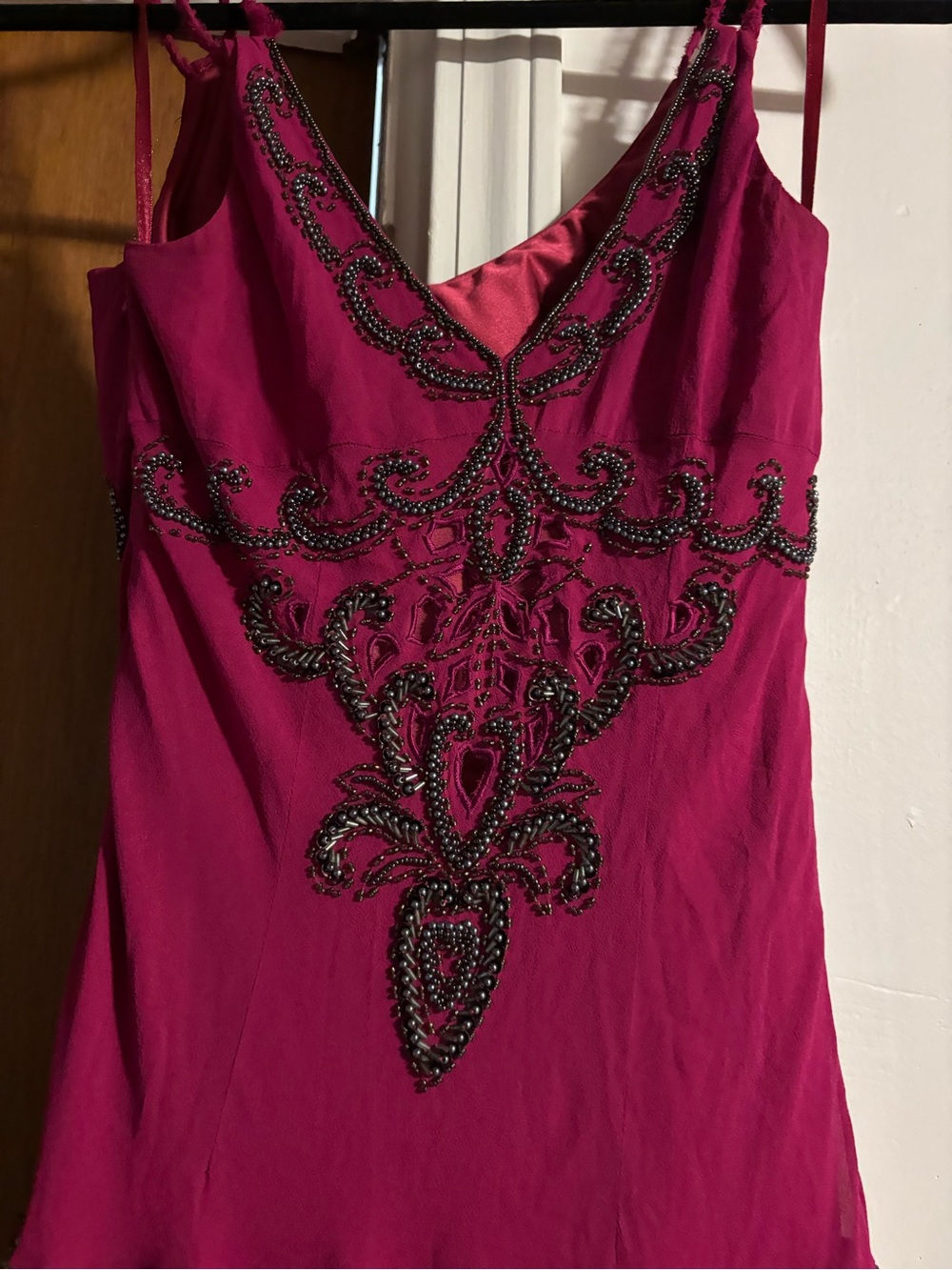Vintage 1990s Sue Wong Nocturne Magenta Beaded High-Low Spaghetti-Strap Dress - Picture 8 of 9
